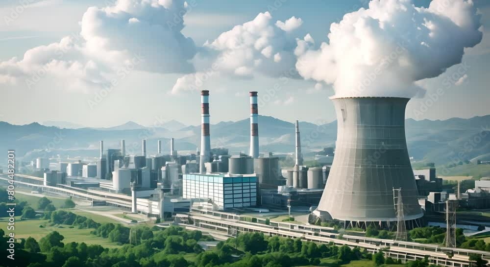 Industrial complex with nuclear reactor cooling towers and smokestacks in wide shot. Concept Industrial Landscape, Nuclear Reactor, Cooling Towers, Smokestacks, Wide Shot Industrial complex with nuclear reactor cooling towers and smokestacks in wide shot. Concept Industrial Landscape, Nuclear Reactor, Cooling Towers, Smokestacks, Wide Shot
