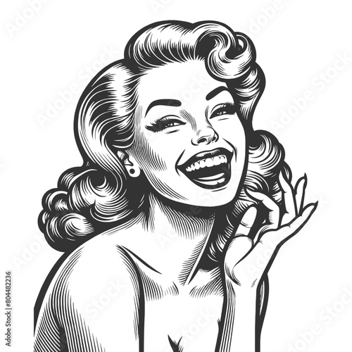 woman laughing heartily, her head thrown back in a moment of pure joy and infectious mirth sketch engraving generative ai fictional character vector illustration. Black and white image.