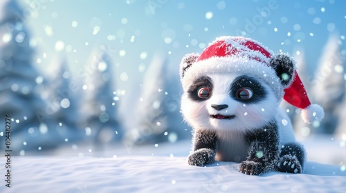 Cute panda with Christmas cap in snow field in winter. 3D illustration. photo