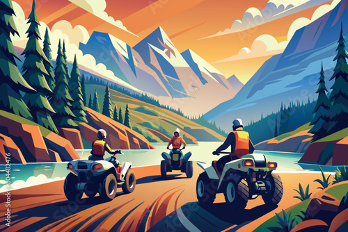 Adventurers on ATVs explore near a mountain lake during sunset