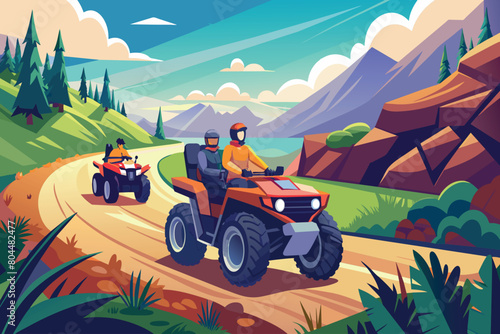 Two people riding ATVs on a mountain path with a lush landscape