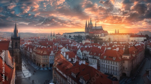 Panoramic view of a historic European city  cobblestone streets  quaint buildings  and a towering cathedral against a sunset sky