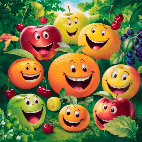 Composition of different fruits and berries. Funny smiling fruits for kids.  photo