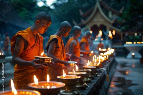 Serene Monks at Twilight Candle Lighting Ceremony