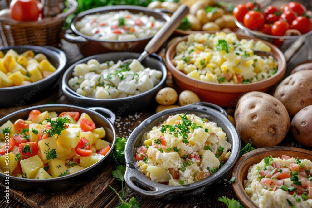 Fresh Homemade Potato Salads Assortment on Rustic Table Fresh Homemade Potato Salads Assortment on Rustic Table