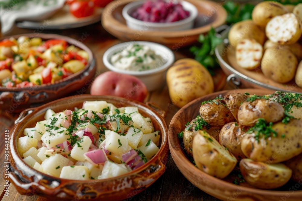 Rustic Potato Dishes Feast on Wooden Table - Traditional, Homemade, Gourmet, Culinary Delights Rustic Potato Dishes Feast on Wooden Table - Traditional, Homemade, Gourmet, Culinary Delights