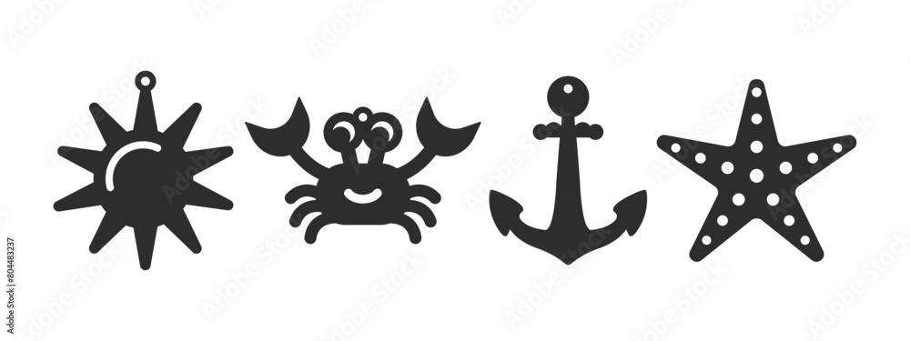 Fototapeta premium Set of summer beach designs for earrings, pendant or keychain. Jewelry silhouette cut template. Laser cutting with leather, wood or metal. Vector stencils of sun, crab, anchor and starfish