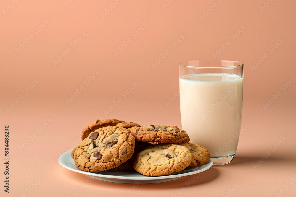 Close-up chocolate chip cookies plate beside glass of milk soft peach backdrop. Copy space Close-up chocolate chip cookies plate beside glass of milk soft peach backdrop. Copy space