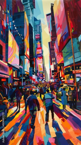 Pop art rendition of a bustling city street, stylized people, colorful signs, and bold shadows