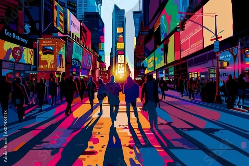 Pop art rendition of a bustling city street, stylized people, colorful signs, and bold shadows photo