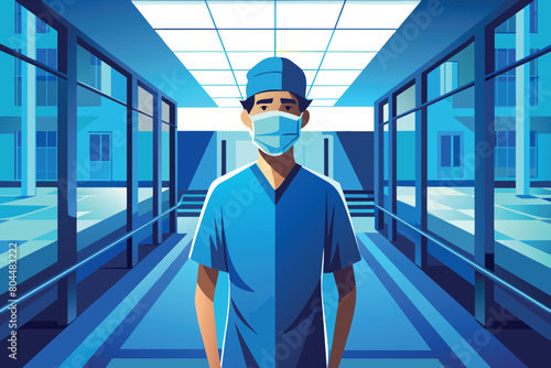 A surgeon in scrubs and mask in a hospital hall