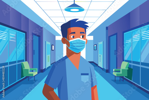 A nurse in blue scrubs wearing a mask in a hospital hallway