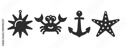 Set of summer beach designs for earrings  pendant or keychain. Jewelry silhouette cut template. Laser cutting with leather  wood or metal. Vector stencils of sun  crab  anchor and starfish