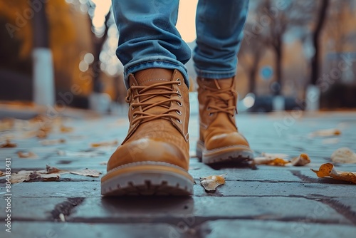 Close-up of a person wearing leather shoes and old jeans walking alone on the sidewalk. Suitable for the concept of unemployment, going on adventures, independence, Finding myself, seeking experience. photo