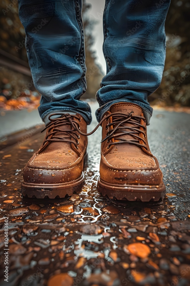 Close-up of a person wearing leather shoes and old jeans walking alone on the sidewalk. Suitable for the concept of unemployment, going on adventures, independence, Finding myself, seeking experience. Close-up of a person wearing leather shoes and old jeans walking alone on the sidewalk. Suitable for the concept of unemployment, going on adventures, independence, Finding myself, seeking experience.