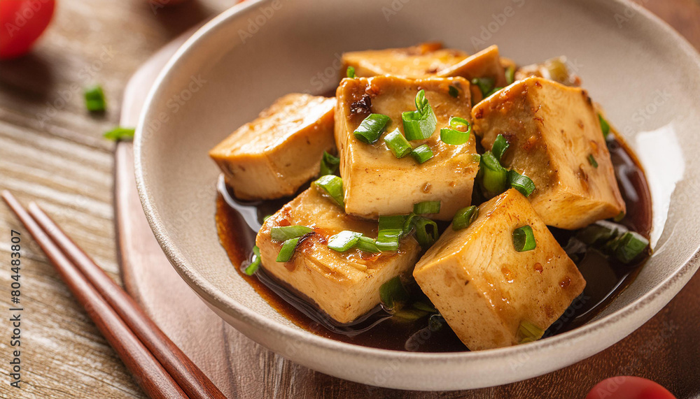 Miso braised tofu over wooden table. Tasty meal. Delicious food for dinner. Culinary concept.