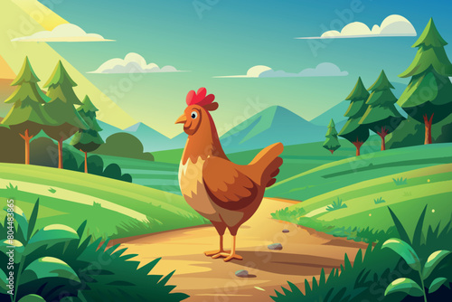 A vibrant cartoon of a rooster in a forest at sunrise