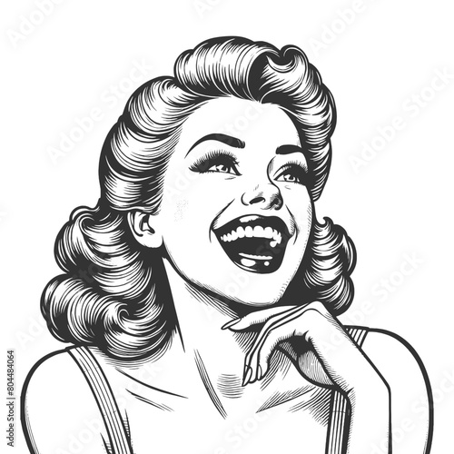 woman laughing heartily, her head thrown back in a moment of pure joy and infectious mirth sketch engraving generative ai fictional character vector illustration. Black and white image.