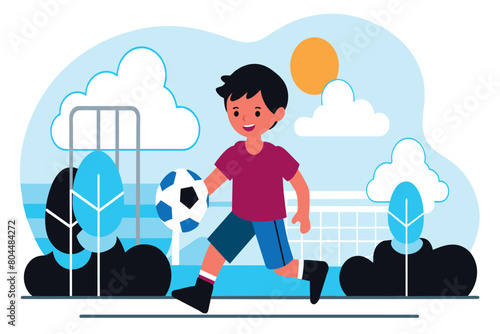 A boy dribbles a soccer ball with a smile on a clear day