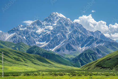Himalayan greenery, blue sky and white clouds in the distance. Created with Ai