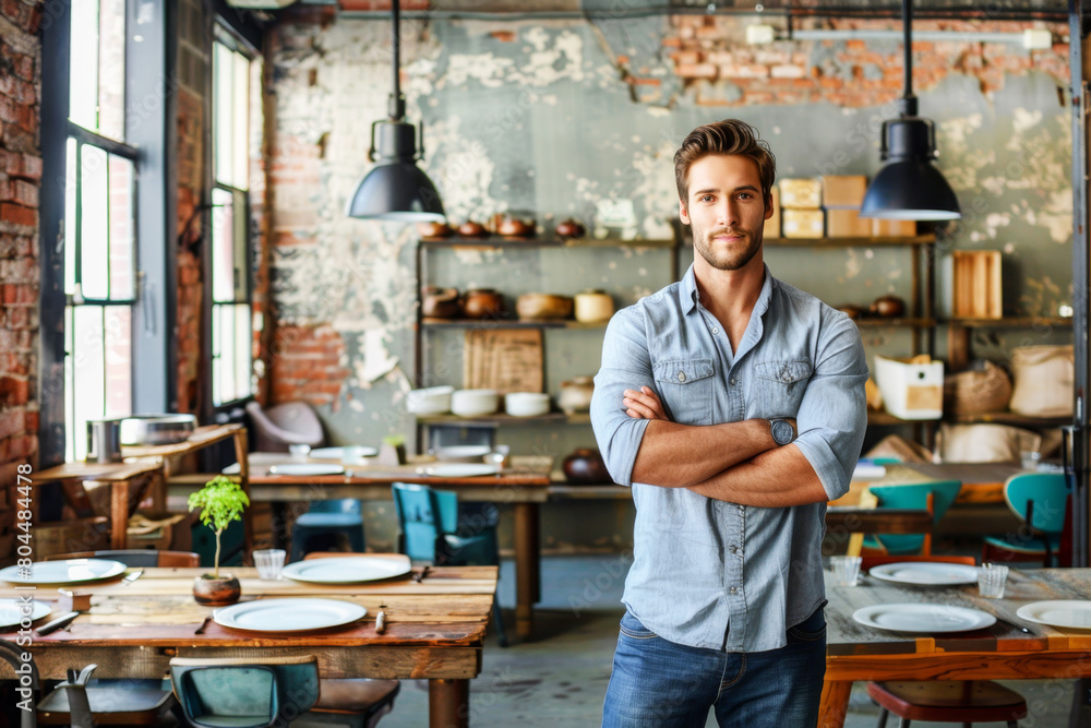 A man smiling and crossed arms in restaurant. Small business concept. AI generative A man smiling and crossed arms in restaurant. Small business concept. AI generative