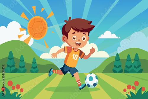 Animated boy in sports gear kicking a soccer ball outdoors