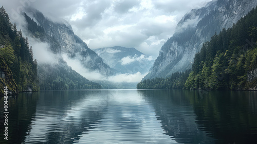 A serene lake nestled in the mountains, reflecting misty clouds and lush greenery. Created with Ai © AllAbout