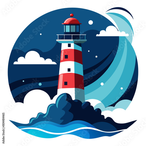 Majestic lighthouse standing tall amidst crashing waves, guiding ships safely through the night with its beacon of light