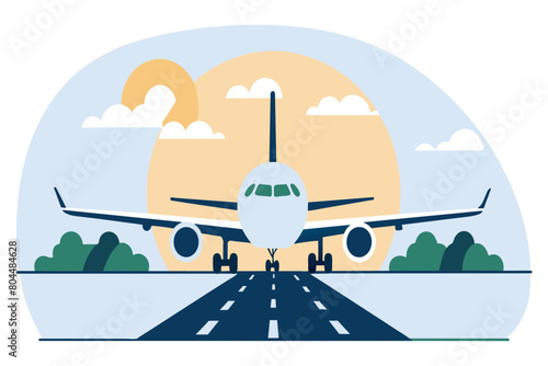 Airplane facing forward on runway with sunset in the background