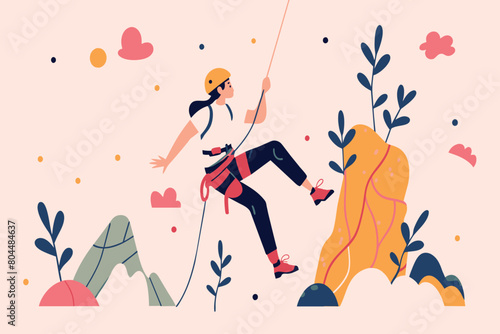 Woman in climbing gear scales a colorful cliff with nature around