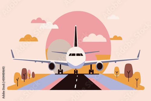 Airplane on a runway with a colorful sunset backdrop