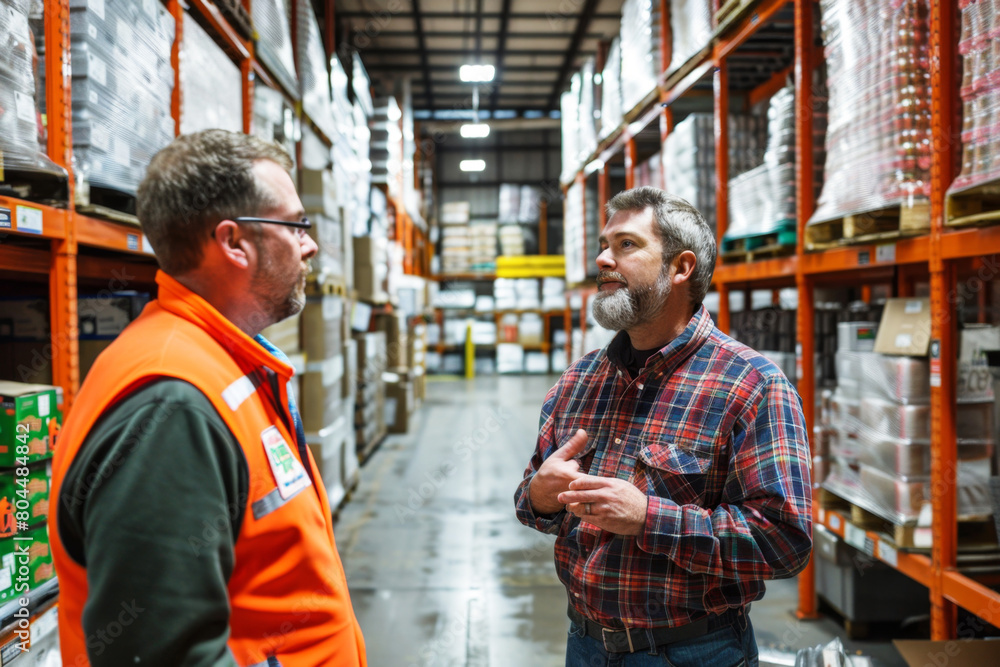 A worker talking with manager in warehouse.AI generative A worker talking with manager in warehouse.AI generative