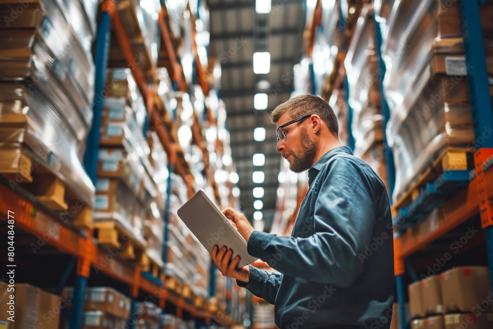A person with tablet in warehouse AI generative A person with tablet in warehouse AI generative