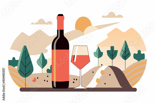 Illustrated vineyard at sunset with wine bottle and glass