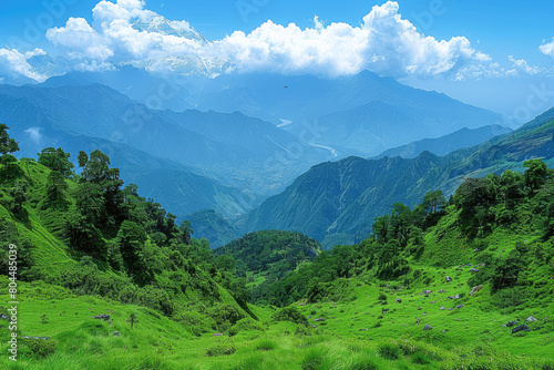  A panoramic view of the majestic Himalayas, with lush greenery and blue sky in background. In front is an expansive valley covered by bright emerald grass. Created with Ai