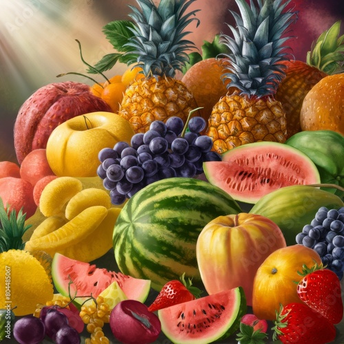Composition of different fruits and berries lying on the table.