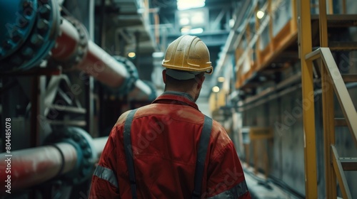 Rear view of male worker in safety helmet and reflective vest standing at industrial factory