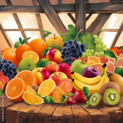 Composition of different fruits and berries lying on the table.