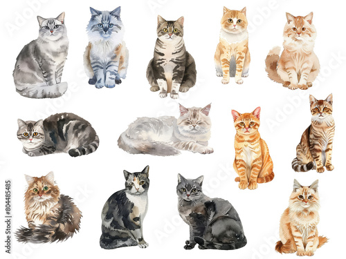 Collection of cats watercolor style on transparent background