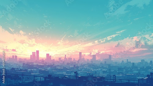 Comic book panel showing a wide shot of a city skyline at sunset  with pink clouds in the sky.