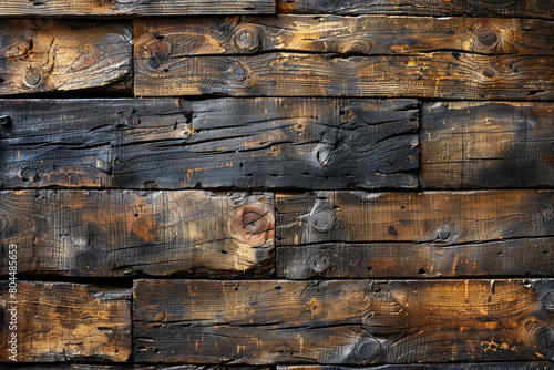 A closeup of weathered wooden planks, showcasing the intricate grain and texture that is characteristic of rustic cabin walls. Created with Ai photo