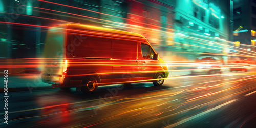 Nighttime cityscape with moving van creating light trails on urban street in the evening