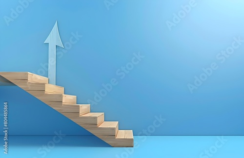 Wooden stairs with arrow up on blue background  concept of business growth or success process in financial market and creative idea development for planning strategy plan to Adj trendy