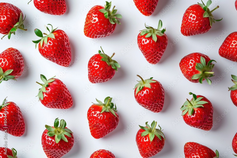 Pattern of fresh strawberries on white background for summer fruit concept and design inspiration Pattern of fresh strawberries on white background for summer fruit concept and design inspiration