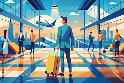 Man at airport with travelers and plane in background