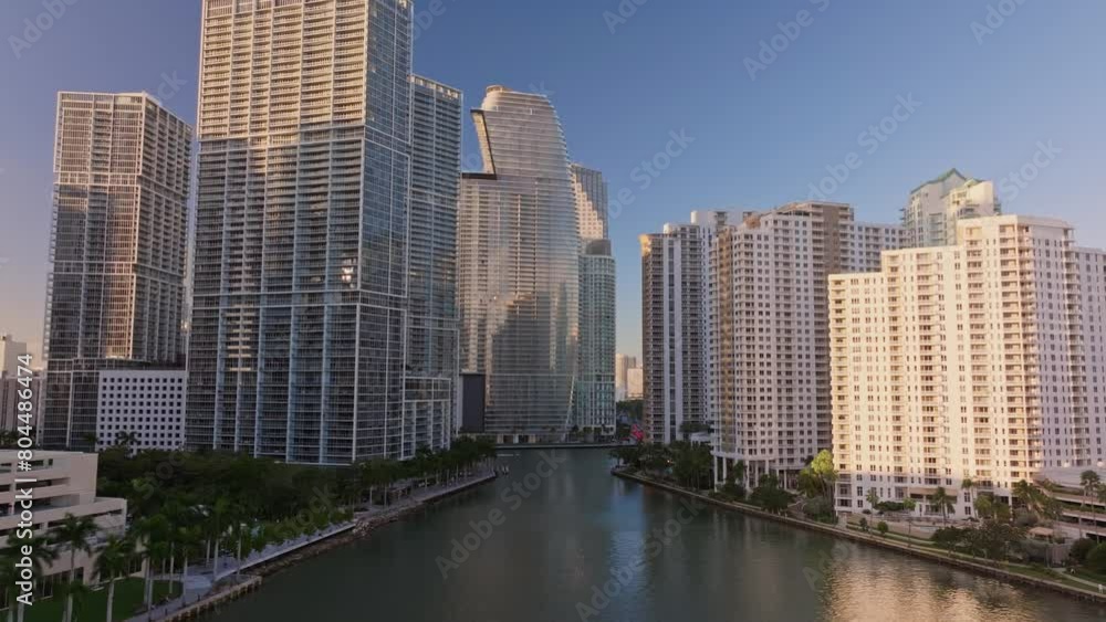 Establishing aerial view of Miami skyline downtown Brickell view on a beautiful sunny day. Aerial skyscraper buildings financial district Miami Florida Establishing aerial view of Miami skyline downtown Brickell view on a beautiful sunny day. Aerial skyscraper buildings financial district Miami Florida