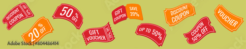 Set of 3d sale discount coupons, vouchers, discount percentage tags in red and orange color isolated on green background, vector.