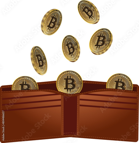 Bitcoin falling into wallet illustration