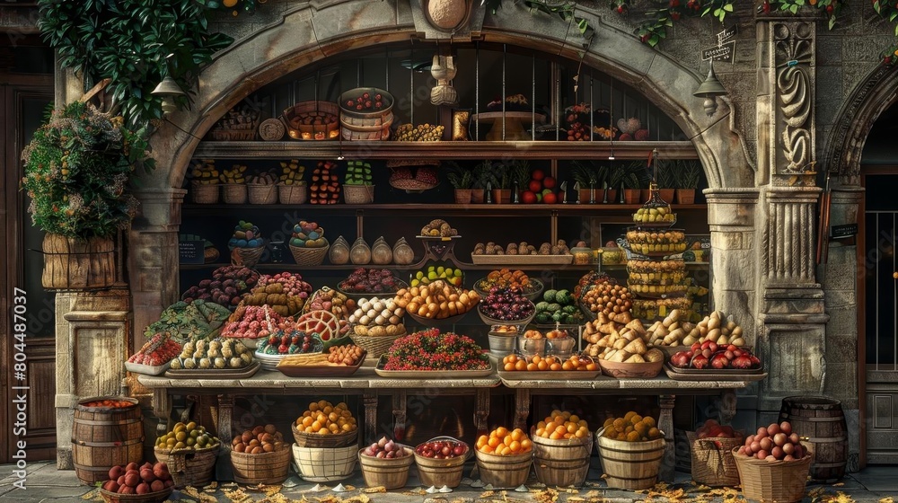 A painting of a fruit and vegetable market in a medieval town