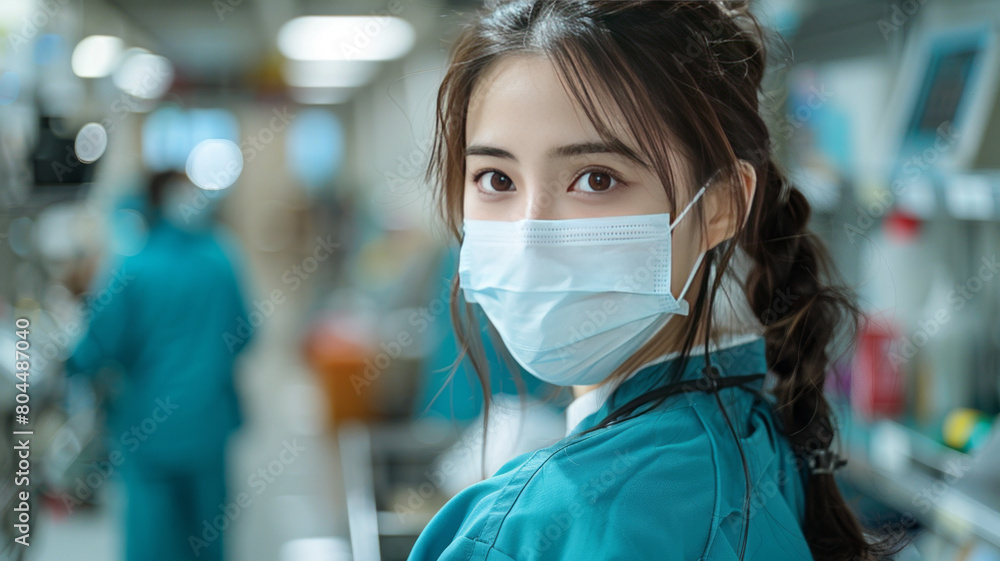 A female Chinese nurse wearing a mask, pushing a cart,generative ai A female Chinese nurse wearing a mask, pushing a cart,generative ai